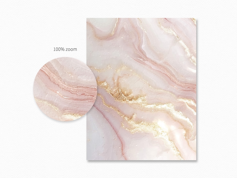 May include: Abstract image featuring a close-up of a marble pattern. The design showcases a blend of pink and white hues, with gold veining throughout. A circular detail with "100% zoom" text is included, highlighting the intricate details.