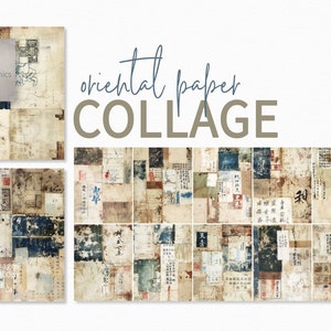 Collage di carta orientale – Strati di effimeri oggetti asiatici d'epoca – Fogli di calligrafia sbiaditi – Etichette e francobolli strappati – Frammenti di testo usurati