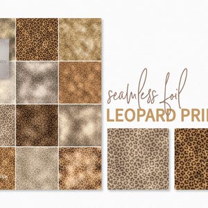 May include: A set of 12 seamless digital paper patterns featuring leopard print designs in shades of brown and beige. The patterns are perfect for crafting, scrapbooking, and digital design projects.