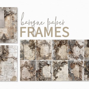 May include: A collection of baroque paper frames with a vintage aesthetic. The frames feature ornate, detailed designs in shades of brown, beige, and gray, with a distressed, aged appearance. The word "FRAMES" is displayed in large, tan letters.
