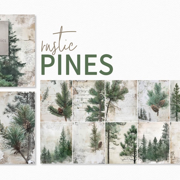 Rustic Pines Paintings - Pine Branch Junk Journal Collages - Pine Texture Collage Paintings - Mixed Media Pine Branch Collages