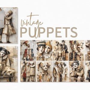 May include: A collection of vintage puppet art prints. The images feature detailed, textured puppets with painted faces and elaborate costumes. The color palette includes muted tones of beige, brown, and cream, with accents of red and blue. The text "Vintage PUPPETS" is displayed.
