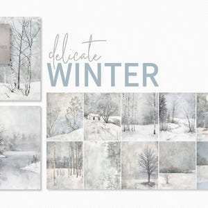 Zarter Winter – Stille Schneelandschaften – Kahle Bäume und vereisten Felder – Weiche graue und weiße Schichten – Subtile, von der Natur inspirierte Texturen