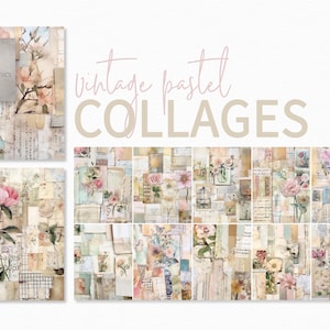 Collage pastello vintage – Fiori rosa tenui e crema – Strati di carta antica – Effimere con musica e scritte – Frammenti di carta botanica