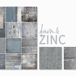 Denim and Zinc – Weathered Industrial Textures – Distressed Blue Grey Surfaces – Vintage Metal Patina – Rustic Wood and Fabric Textures