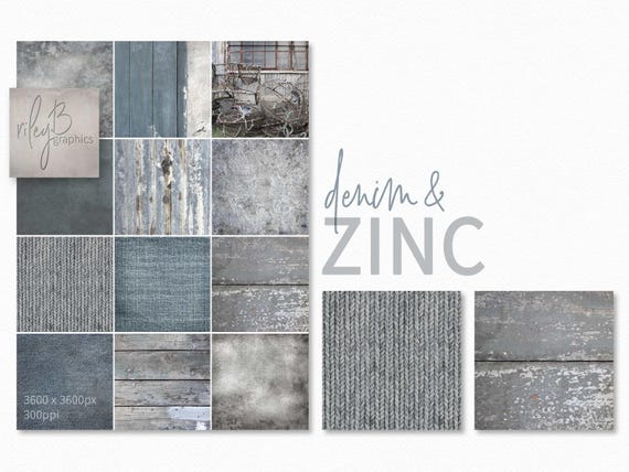 Denim and Zinc – Weathered Industrial Textures – Distressed Blue Grey Surfaces – Vintage Metal Patina – Rustic Wood and Fabric Textures