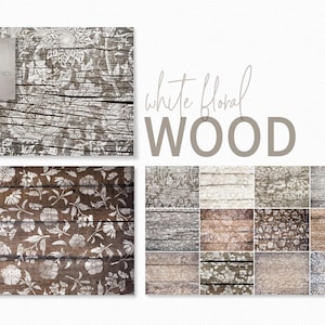 Madera con flores blancas: tablones de madera rústica envejecida con delicados motivos florales blancos y sutiles tonos tierra para una apariencia vintage.