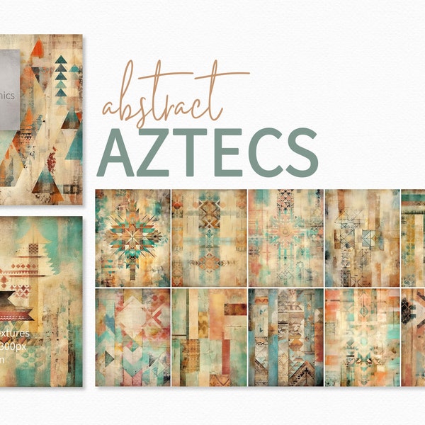 Abstract Aztec Paintings - Junk Journal Aztec Designs - Distressed Aztec Paintings - Printable Aztec Paper - Weathered Worn Aztec Patterns