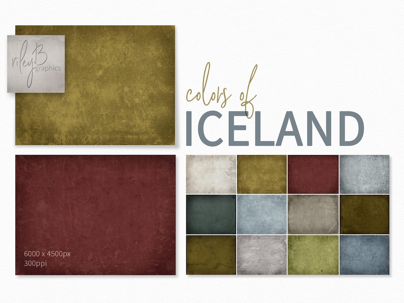May include: A set of 12 digital backgrounds featuring various shades of green, brown, gray, and blue. The backgrounds have a textured, grunge-like appearance. The text "colors of ICELAND" is displayed above the backgrounds.