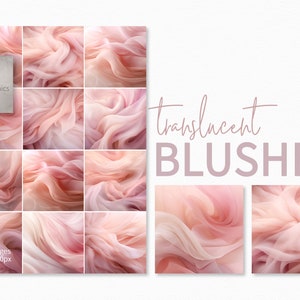 Pode incluir: Doze imagens digitais de tecido translúcido rosa e pêssego com uma textura suave e fluida. As imagens estão dispostas em uma grade com o texto "translucent BLUSHES" no topo.
