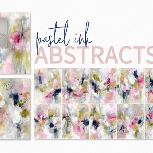 Pastel Ink Abstracts – Painterly Color Fields – Pink, Green and Navy Art – Expressive Brush Marks – Modern Soft Texture Paintings