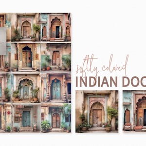 May include: A collage of 12 photos featuring colorful, ornate Indian doors with intricate details. The doors are painted in soft, muted tones of blue, green, yellow, and brown. The doors are set against a backdrop of weathered walls and lush greenery.