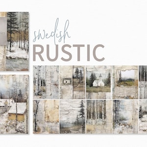 Swedish Rustic - Nordic Countryside Textures - Weathered Cottage Scenes - Birch Trees and Farmhouses - Neutral Vintage Art - Rustic Winter