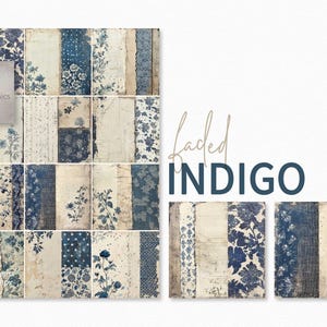 Vervaagd indigo - collectie vintage indigo bloemen achtergrond - verouderde blauw en beige papierstructuren - blauwe crème ongewenste collages van dagboeken, efemere verschijnselen