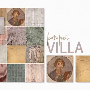 Pompeji Villa Texturen - Alte Wand Texturen - Pompeji Fresken - Altrosa Stoff - Gold rissige Wand, grün Beige Mosaikfliesen Texturen
