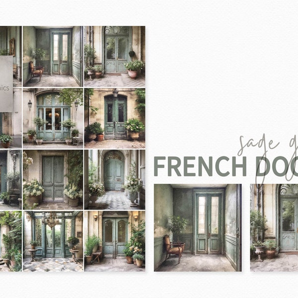 Sage Green French Doors Digital Paintings - French Doors - Sage Green Colored Doors - Green Doors - Door Wall Art - Parisian Doors