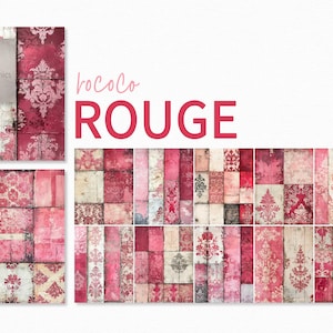 Puede incluir: Un collage digital de patrones de damasco rojos, rosas y blancos sobre un fondo de madera. El texto "rococo ROUGE" se muestra sobre el collage.