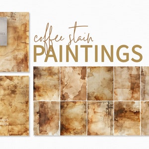 Puede incluir: Doce texturas de papel digital con patrones de manchas de café. Cada imagen es de 2550 píxeles por 3300 píxeles, 8,5 pulgadas por 11 pulgadas y 300 píxeles por pulgada.