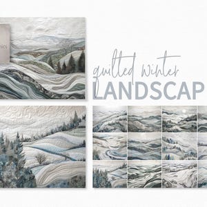 Quilted Winter Landscape – Textile Hills and Trees – Soft Blue Grey Layers – Textured Snowy Fields – Fabric Inspired Countryside Views