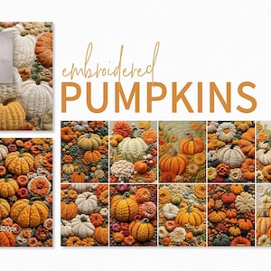 Può includere: Una collezione di disegni di zucche ricamate in varie dimensioni e colori, tra cui arancione, bianco e giallo. La parola "embroidered PUMPKINS" è visualizzata in un carattere caldo e invitante. L'immagine include anche la firma dell'artista.