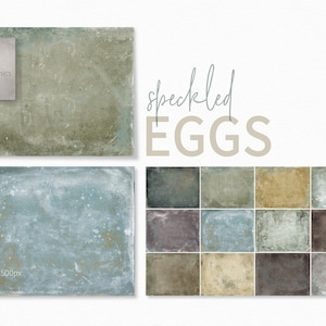 Huevos moteados: superposiciones de textura pastel desgastada en tonos azules polvorientos y terrosos, sutiles salpicaduras de pintura y veta superficial envejecida.