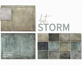May include: A set of 12 digital textures featuring a variety of dusty, textured backgrounds in shades of gray, brown, and blue. The textures are 6000 x 4500 pixels and 300ppi. The text "dust STORM" is displayed in the image.