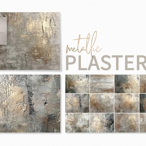May include: Digital art featuring textured metallic plaster backgrounds in grey, brown, and gold. The image includes the text "metallic PLASTER" and the "riley B graphics" logo. The image is 6000 x 4500 pixels at 300ppi.