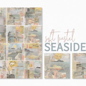 Paisaje costero en tonos pastel suaves: collages costeros vintage en delicados tonos oceánicos: escenas playeras tranquilas con vida marina y paisajes serenos.