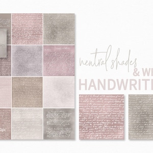 以下が含まれることがあります： ピンク、ブラウン、ホワイトのニュートラルな色合いに、手書きのスクリプトを重ねた、12種類のデジタルペーパーテクスチャのセット。ペーパーは3600 x 3600ピクセル、300ppiです。