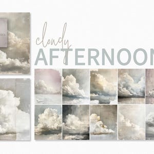 Tarde nublada - Pinturas de nubes en tonos suaves - Arte de nubes con técnica mixta y melancólico - Fondos de nubes atmosféricas con texturas etéreas