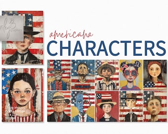 Americana Charaktere - Vintage Vaterländische Porträt Kunst - Rustikale Menschen Illustrationen mit Amerikanischer Flagge - Wanddekoration zum Unabhängigkeitstag im Folklore Stil