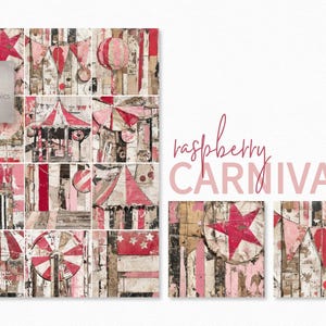 Carnaval aux framboises - arrière-plans de collage vintage inspirés du cirque - textures de papier à rayures rouges et roses - ensemble de toiles de fond festives ludiques