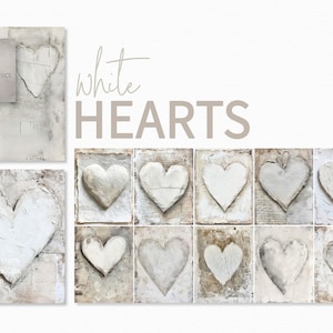 Corazones blancos: Arte de corazones neutros con capas texturizadas y papel envejecido. Corazones románticos y suaves en yeso natural. Corazones de yeso blanco.