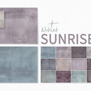 Puede incluir: Un conjunto de 12 fondos digitales que presentan una variedad de diseños texturizados y abstractos en tonos de azul, morado y gris. Los fondos están etiquetados como "Winter Sunrise" y tienen 5000 x 4500 píxeles a 300ppi.