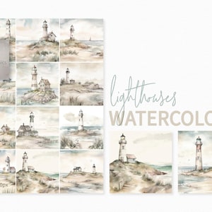 Aquarelles de phares - Tours de guet côtières au bord de la mer - Rivages balayés par le vent - Dunes de sable et vues maritimes - Palette nautique douce