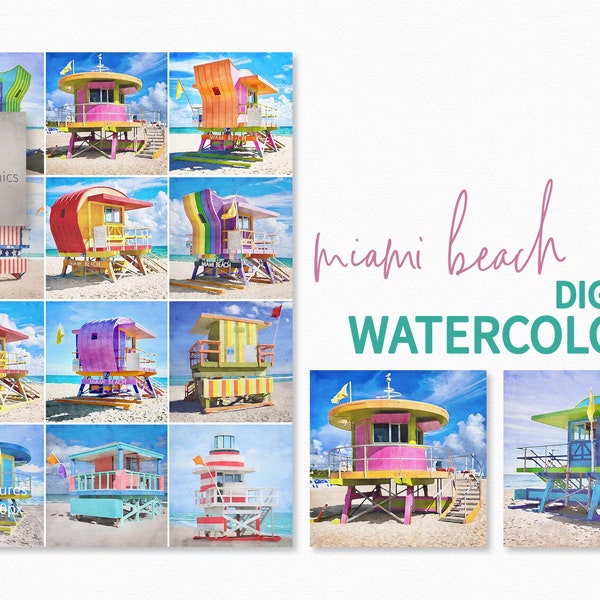 Miami Beach Watercolors - Digital Watercolors of Miami Beach Lifeguard Towers - Miami Beach - Lifeguard Towers Digital Watercolors