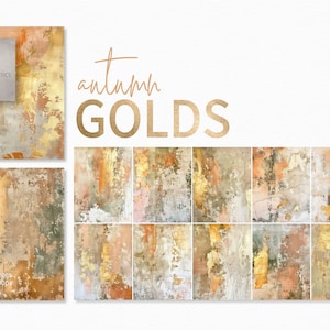 Op de afbeelding: Een set van 22 digitale achtergronden met abstracte texturen in tinten goud, bruin en beige. De texturen lijken op verweerd beton of pleisterwerk met accenten van bladgoud. De tekst "autumn GOLDS" wordt boven de afbeeldingen weergegeven.
