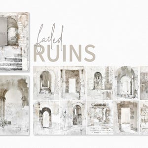 Könnte beinhalten: Digitaldruck mit Aquarellillustrationen antiker Ruinen. Das Kunstwerk enthält Bilder von Bögen, Türen und Treppen in Grau-, Beige- und Weißtönen. Der Text "Laced Ruins" und "riley b graphics" sind ebenfalls sichtbar.