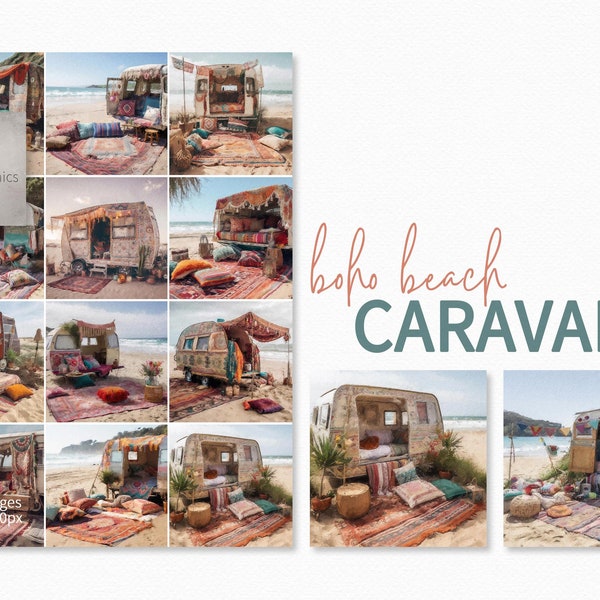 Boho Beach Caravans Paintings - Bohemian Beach Caravans - Digital Bohemian Camping - Beach Camping - Boho Beach Living