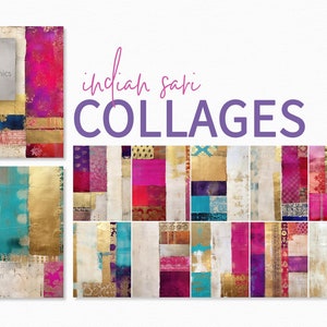 Pinturas de colagem de sari indiano - Colagens de diário de lixo - Colagens de textura vibrante - Colagens coloridas de mídia mista - Colagens de tecido de sari