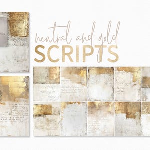 Neutral and Gold Scripts - Fundos de colagem de mídia mista bege e dourado com sobreposições de caligrafia - Arte de textura pintada em ouro com mídia mista