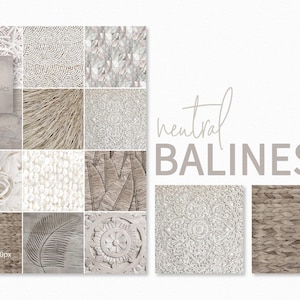 Op de afbeelding: Een verzameling van 12 digitale papiertexturen in neutrale Balinese stijl. De texturen bevatten een verscheidenheid aan patronen, waaronder geweven, hout en bloemmotieven. De papieren zijn perfect voor het maken van digitale scrapbookpagina's, achtergronden en andere creatieve projecten.