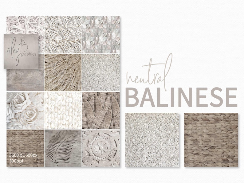 Puede incluir: Una colecci&oacute;n de 12 texturas de papel digital de inspiraci&oacute;n balinesa en tonos neutros. Las texturas presentan una variedad de patrones, incluyendo dise&ntilde;os tejidos, de madera y florales. Los papeles son perfectos para crear p&aacute;ginas de &aacute;lbumes de recortes digitales, fondos y otros proyectos creativos.