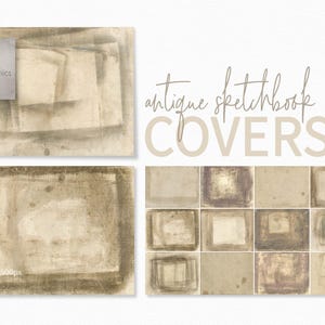 May include: A set of 12 digital paper textures in a light brown color scheme. The textures are designed to look like antique sketchbook covers. The text "antique sketchbook covers" is written in a handwritten font.