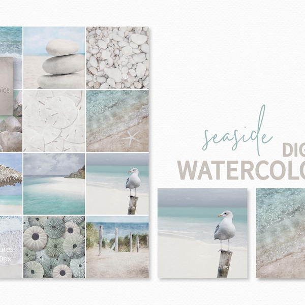 Seaside Watercolors - Digital Beach Scenes - Beach Background - Sea Watercolors - Beach Sublimation - Ocean Backgrounds - Watercolor Urchins