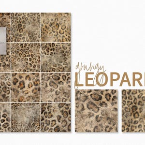 May include: A digital art print with a leopard print design in brown, tan, and black. The pattern has a distressed, grunge effect. The words "grungy LEOPARD" are displayed in a serif font. The image also includes the text "riley13 graphics".