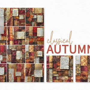 May include: A digital artwork featuring a collage of textured paper squares in autumnal hues of red, orange, and brown, with handwritten script fragments. The words "classical AUTUMN" are displayed in a decorative font.