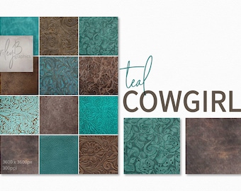Teal Cowgirl – Tooled Leather Patterns – Western Floral Motifs – Turquoise and Brown Textures – Rodeo Leather Layers – Rustic Western Style