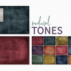 Puede incluir: Arte digital con texturas y fondos de temática medieval. La imagen incluye un fondo texturizado azul oscuro, un fondo texturizado rojo intenso y una cuadrícula de texturas de varios colores. También está presente el texto "medieval TONES".