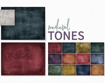 Könnte beinhalten: Digitales Kunstwerk mit mittelalterlichen Texturen und Hintergründen. Das Bild enthält einen dunkelblauen strukturierten Hintergrund, einen tiefroten strukturierten Hintergrund und ein Raster verschiedenfarbiger Texturen. Der Text "medieval TONES" ist ebenfalls vorhanden.